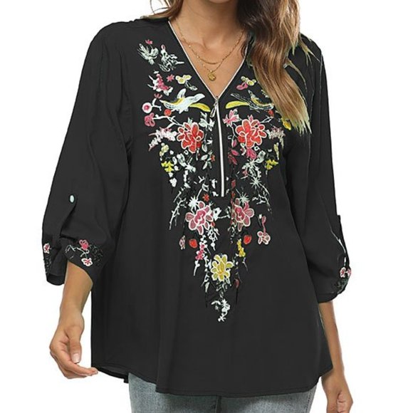 NWT KOMILI | Black Embroidered Tab-Sleeve V-Neck Swing Top - Large - Picture 1 of 9